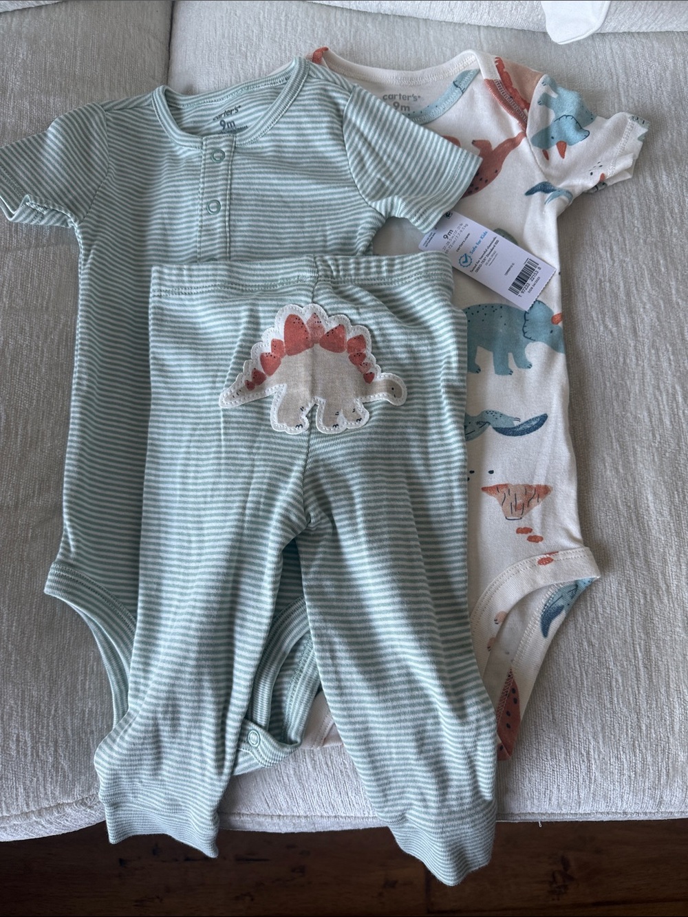 Carter's Mint Green Stripe Dino 3-Piece Bodysuit Set